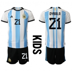 Fotbollsset Barn Argentina Paulo Dybala #21 Hemmatröja VM 2022 Mini-Kit Kortärmad (+ korta byxor)