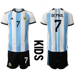 Fotbollsset Barn Argentina Rodrigo de Paul #7 Hemmatröja VM 2022 Mini-Kit Kortärmad (+ korta byxor)