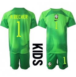 Fotbollsset Barn Brasilien Alisson Becker #1 Målvakt Bortatröja VM 2022 Mini-Kit Kortärmad (+ korta byxor)