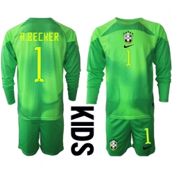 Fotbollsset Barn Brasilien Alisson Becker #1 Målvakt Bortatröja VM 2022 Mini-Kit Långärmad (+ korta byxor)