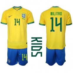 Fotbollsset Barn Brasilien Eder Militao #14 Hemmatröja VM 2022 Mini-Kit Kortärmad (+ korta byxor)