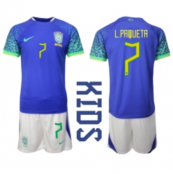 Fotbollsset Barn Brasilien Lucas Paqueta #7 Bortatröja VM 2022 Mini-Kit Kortärmad (+ korta byxor)