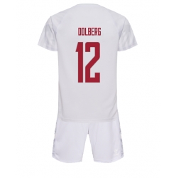 Fotbollsset Barn Danmark Kasper Dolberg #12 Bortatröja VM 2022 Mini-Kit Kortärmad (+ korta byxor)