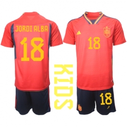 Fotbollsset Barn Spanien Jordi Alba #18 Hemmatröja VM 2022 Mini-Kit Kortärmad (+ korta byxor)